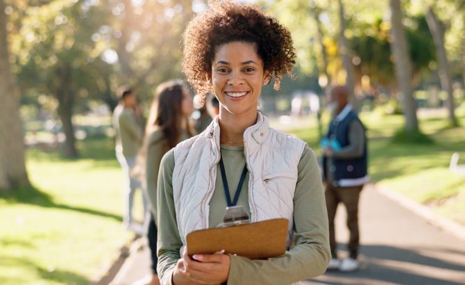 Happy woman, portrait and volunteer with clipboard for change, eco friendly environment or help in .